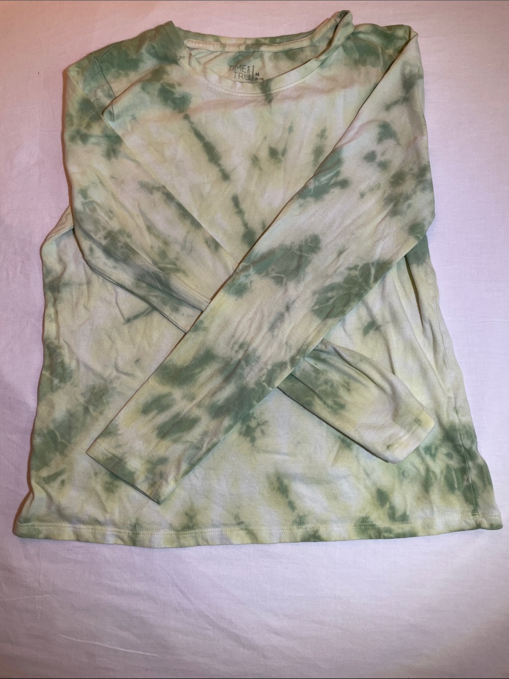 Time and Tru Green and Cream Tie-Dye Long Sleeve Crewneck Top